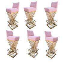 Kit 06 Banquetas Luma Base de Ferro Sued Rosa Bebê - D'Classe Decor Kit 06 Banquetas Luma Base de Ferro Sued Rosa Bebê - D'Classe Decor