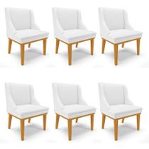Kit 06 Cadeiras de Jantar Liz material sintético Branco Base Fixa Madeira Castanho D03 - D'Rossi