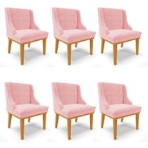 Kit 06 Cadeiras de Jantar Liz Suede Rosa Bebê Base Fixa Madeira Castanho D03 - D'Rossi