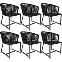 Kit 06 Cadeiras Decorativas Para Área Gourmet Cozinha Corda Náutica Belize D04 Preto - Lyam Decor