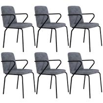 Kit 06 Cadeiras Estofada Para Sala de Jantar com Braço Loft Preto C01 Linho Prata - Lyam Decor
