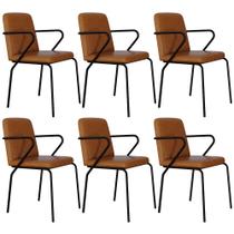 Kit 06 Cadeiras Estofada Para Sala de Jantar com Braço Loft Preto C01 material sintético Caramelo - Lyam Decor