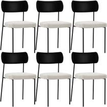 Kit 06 Cadeiras Estofadas Para Sala De Jantar Melina L02 material sintético Preto Bouclê Creme - Lyam Decor