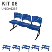 Kit 06 Cadeiras longarinas PLÁSTICAS 03 Lugares - COR AZUL - REALPLAST - 23013