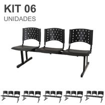 Kit 06 Cadeiras longarinas PLÁSTICAS 03 Lugares - Cor PRETO - REALPLAST - 23004