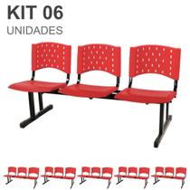 Kit 06 Cadeiras longarinas PLÁSTICAS 03 Lugares - Cor VERMELHO - REALPLAST - 23067