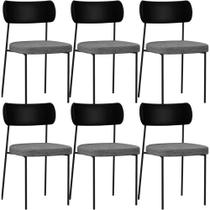 Kit 06 Cadeiras Para Sala De Jantar Melina L02 material sintético Preto Linho Cinza Escuro - Lyam Decor Kit 06 Cadeiras Para Sala De Jantar Melina L02 material sintético Preto Linho Cinza Escuro - Lyam Decor