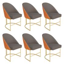 Kit 06 Cadeiras Poltrona de Jantar Bela Corano Nozes e Linho Grafite Base Metálica Industrial Dourado - Pallazio