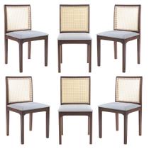 Kit 06 Cadeiras Sala de Jantar Madeira Maciça Steve Tela Rattan Sextavano Linho Cinza/Amêndoa G55 - Gran Belo
