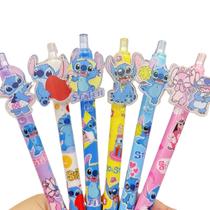 Kit 06 Caneta Gel Decorada 0.5mm Cor Preta Stitch Ponta Fina Divertida Kwaii Escrita Macia