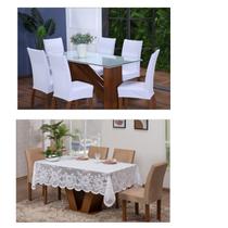 Kit 06 Capas Para Cadeira Jantar Com Elástico + Toalha De Mesa 06 Cadeiras Em Renda Branca