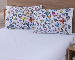 Kit 06 Fronhas Avulsas 80x60cm Percal 100% Algodão 180 Fios Estampada Borboleta Colorida c/ Barrado