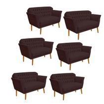 Kit 06 Namoradeira Decorativa Ster com Capitone Pés Palito em Madeira 2 Lugares Sala de Estar Recepção Escritório material sintético Marrom - Damaffê Móveis