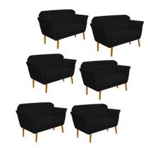 Kit 06 Namoradeira Decorativa Ster com Capitone Pés Palito em Madeira 2 Lugares Sala de Estar Recepção Escritório material sintético Preto - Damaffê Móveis