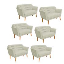 Kit 06 Namoradeira Decorativa Ster com Capitone Pés Palito em Madeira 2 Lugares Sala de Estar Recepção Escritório Suede Bege - Damaffê Móveis