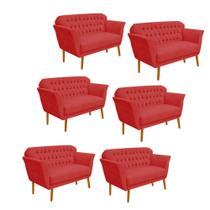 Kit 06 Namoradeira Decorativa Ster com Capitone Pés Palito em Madeira 2 Lugares Sala de Estar Recepção Escritório Suede Vermelho - Damaffê Móveis