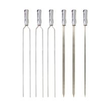 Kit 06 Pçs Espeto Churrasco Aço Inox Duplo + Chato Estreito Aperitivo 75 Cm Cabo Madeira Revestido Alumínio