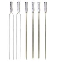 Kit 06 Pçs Espeto Churrasco Misto Aço Inox Duplo + Chato largo + Chato Estreito 75 Cm Cabo Madeira Revestido Alumínio