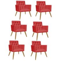 Kit 06 Poltrona Cadeira Decorativa Fernanda com Capitone Pés Palito Sala de Estar Recepção Escritório Suede Vermelho - Damaffê Móveis