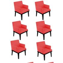 Kit 06 Poltrona Cadeira Decorativa Vitória Pés Madeira Sala de Estar Recepção Escritório Consultório Tecido Sintético Vermelho - KDAcanto Móveis