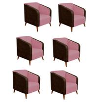 Kit 06 Poltrona Silmara Compose Tecido Sintético Nozes Decorativa Pés Madeira 2 Lugares Sala de Estar Recepção Escritório Consultório Suede Rosê - K