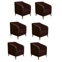 Kit 06 Poltrona Silmara Compose Tecido Sintético Nozes Decorativa Pés Madeira 2 Lugares Sala de Estar Recepção Escritório Consultório Tecido Sintéti