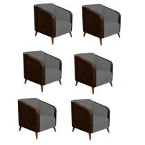 Kit 06 Poltrona Silmara Compose Tecido Sintético Nozes Decorativa Pés Madeira 2 Lugares Sala de Estar Recepção Escritório Consultório Tecido Sintéti