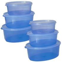 kit 06 Potes Herméticos De Plástico Oval BPA Free - PMG - 600, 1100, 1600 ml para Salada Frutas Marmita Microondas Geladeira