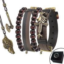 Kit 06 Pulseiras e Colares - Pulseira de Couro Marrom e Preto LEÃO DE JUDÁ e Esferas Madeira e Fecho Strap Plug Kit 06 Pulseiras e Colares - Pulseira de Couro Marrom e Preto LEÃO DE JUDÁ e Esferas Madeira e Fecho Strap Plug