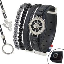 Kit 06 Pulseiras e Colares - Pulseira de Couro Preto Bússola Rosa dos Ventos e Pedras Naturais e Fecho Strap Plug