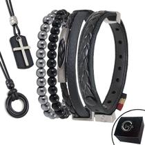 Kit 06 Pulseiras e Colares - Pulseira de Couro Preto Minimalistas SENSAÇÃO e Pedras Naturais e Fecho Strap Plug