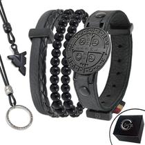 Kit 06 Pulseiras e Colares - Pulseira de Couro Preto São Bento ALL BLACK e Pedras Naturais e Fecho Strap Plug Ajustável Kit 06 Pulseiras e Colares - Pulseira de Couro Preto São Bento ALL BLACK e Pedras Naturais e Fecho Strap Plug Ajustável