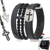 Kit 06 Pulseiras e Colares - Pulseira de Couro Preto TAG CRUZ e Pedras Naturais e Fecho Strap Plug Ajustável