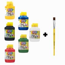 Kit 06 Tinta Tempera Guache Acrilex 250ml Escolar Infantíl + Brinde Pincel