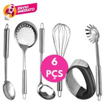 Kit 06 Utensílio Concha Colher Arroz Pegador Massa Escumadeira Batedor Claras Amassador Alho Inox