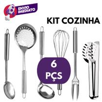 Kit 06 Utensílio Cozinha Inox Concha Colher Arroz Garfo Trinchante Escumadeira Pegador Batedor Kit 06 Utensílio Cozinha Inox Concha Colher Arroz Garfo Trinchante Escumadeira Pegador Batedor