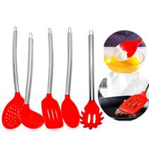 Kit 06 Utensílios de Cozinha Jogo de Pegadores Silicone Maciço Cabo 100% Inox