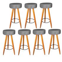 Kit 07 Banqueta Alta Flora Pés Palito em Madeira Caramelo para Bar Bistrô Cozinha material sintético Cinza - KDAcanto Móveis