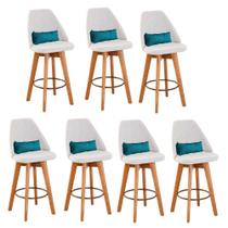 Kit 07 Banquetas Alta Maya Giratória Com Encosto Linho Bege Claro e Almofada material sintético Azul Turquesa - Aurora Line