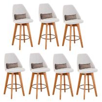 Kit 07 Banquetas Alta Maya Giratória Com Encosto Linho Bege Claro e Almofada Suede Bege - Gat Magazine Kit 07 Banquetas Alta Maya Giratória Com Encosto Linho Bege Claro e Almofada Suede Bege - Gat Magazine
