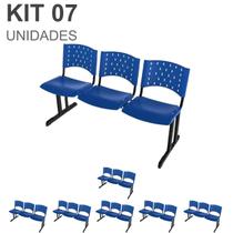 Kit 07 Cadeiras longarinas PLÁSTICAS 03 Lugares para recepção COR AZUL REALPLAST