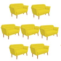Kit 07 Namoradeira Decorativa Ster com Capitone Pés Palito em Madeira 2 Lugares Sala de Estar Recepção Escritório material sintético Amarelo - Damaffê Móveis