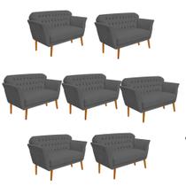 Kit 07 Namoradeira Decorativa Ster com Capitone Pés Palito em Madeira 2 Lugares Sala de Estar Recepção Escritório material sintético Cinza - Damaffê Móveis