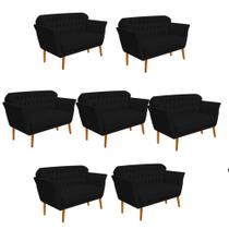 Kit 07 Namoradeira Decorativa Ster com Capitone Pés Palito em Madeira 2 Lugares Sala de Estar Recepção Escritório material sintético Preto - Damaffê Móveis