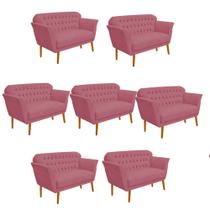 Kit 07 Namoradeira Decorativa Ster com Capitone Pés Palito em Madeira 2 Lugares Sala de Estar Recepção Escritório Suede Rosa Bebê - Damaffê Móveis