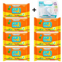 Kit 07 Pacotes Com 700 Lenços Umedecidos Natural Baby + Chupeta Lolly AZUL 0-6 Meses