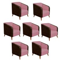 Kit 07 Poltrona Silmara Compose material sintético Nozes Decorativa Pés Madeira 2 Lugares Sala de Estar Recepção Escritório Consultório material sintético Rosa Bebê - Damaf