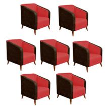 Kit 07 Poltrona Silmara Compose material sintético Nozes Decorativa Pés Madeira 2 Lugares Sala de Estar Recepção Escritório Consultório material sintético Vermelho - KDAcan