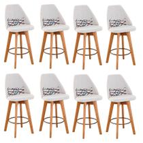 Kit 08 Banquetas Alta Maya Giratória Com Encosto Gourmet Linho Bege e Almofada Linhas Coloridas - Aurora Line