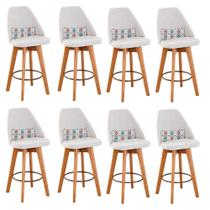 Kit 08 Banquetas Alta Maya Giratória Com Encosto Linho Bege Claro e Almofada Mosaico - Aurora Line